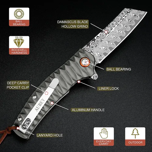 Miniatura 4 de Cuchillo de bolsillo AUBEY de Damasco, hoja de acero de Damasco de 3.34" con molino hueco, cuchillo plegable con rodamiento de bola, mango