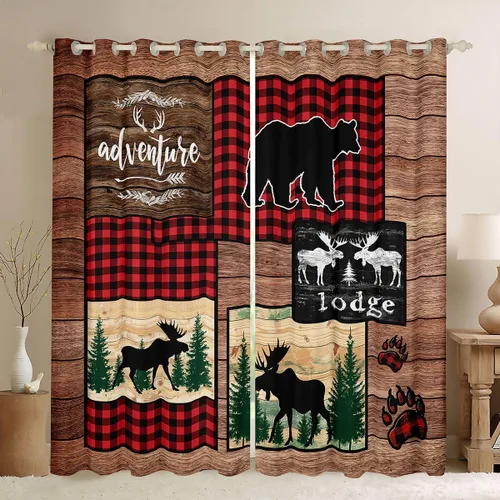 Miniatura 12 de Cortinas rústicas retro de cabaña, cortinas opacas de oso ciervo, 38 pulgadas de ancho x 45 pulgadas de largo, 2 paneles, cortinas de caza