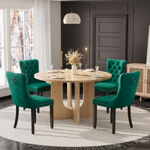 Miniatura 16 de Mesa de comedor redonda de 47 pulgadas para juego de mesa de cocina rústica de 6,7 piezas, mesa de comedor de granja, sillas negras de alta gama