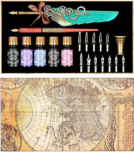 Juego de Pluma de Caligrafía con Tinta, Pluma Mecánica y Pluma de Inmersión de Madera, 5 Colores de Tinta, 12 Plumillas de Repuesto, Soporte para