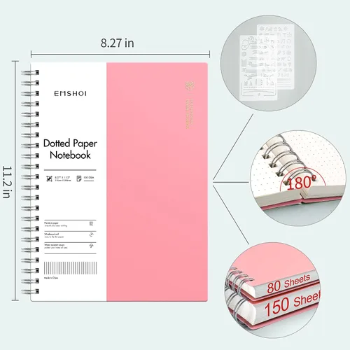 Miniatura 3 de EMSHOI Cuaderno de puntos en espiral A4, 150 hojas (300 páginas), diario de cuadrícula de puntos de 100gsm, tapa blanda impermeable, diario de Rosado