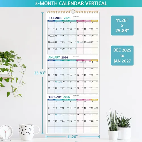 Miniatura 6 de Calendario de Pared 2026 - Calendario de 3 Meses 2026 Vertical, Enero 2026 - Diciembre 2026, Calendario de Pared de 3 Meses 2026, 11 x 26 Pulgadas