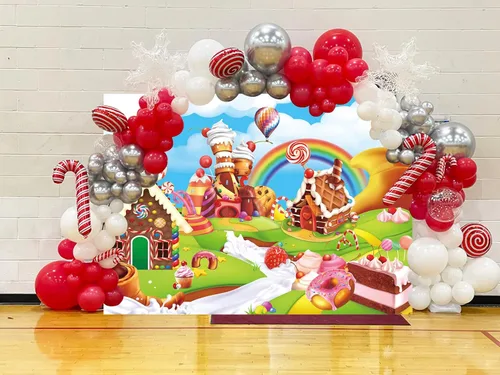 Miniatura 5 de Candyland - Telón de fondo de dibujos animados de 8 x 6 pies, diseño de piruleta de arcoíris, dulce dona, caramelo, fondo de fotografía para primer