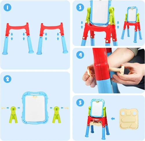 Miniatura 6 de Costzon Caballete de arte para niños, altura ajustable con rotación de 360°, tablero de dibujo de doble cara con pizarra y pizarra blanca, juego