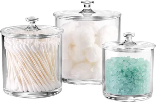 Miniatura 8 de SheeChung juego de dispensador de cotonetes - frascos de boticario de baño de plástico acrílico transparente para bolas de algodón, hisopos