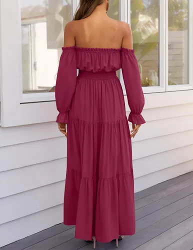 Miniatura 36 de ZESICA - Vestido largo, bohemio y sexy, con hombros descubiertos y manga larga fruncida, con elástico fruncido, cintura alta y abertura lateral