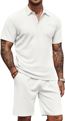 COOFANDY Conjunto de camisa polo y pantalones cortos de punto gofre para hombre, conjunto de 2 piezas, traje de verano casual con bolsillos