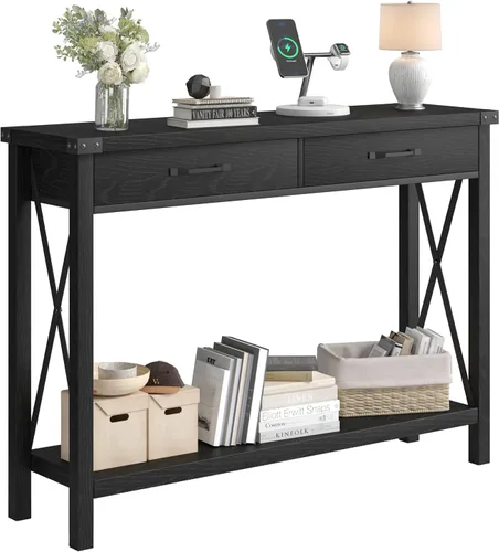 Alkmaar Mesa de entrada de granja, mesa consola negra con cajones, mesa de sofá de madera con almacenamiento, mesa de pasillo para entrada, sala de