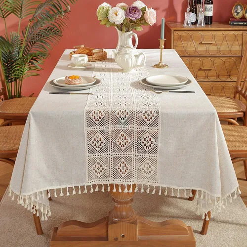 Miniatura 2 de AMZALI Mantel de lino de algodón, decoración de mesa de cocina y comedor, mantel de ganchillo texturizado para uso en exteriores e interiores, 55 x