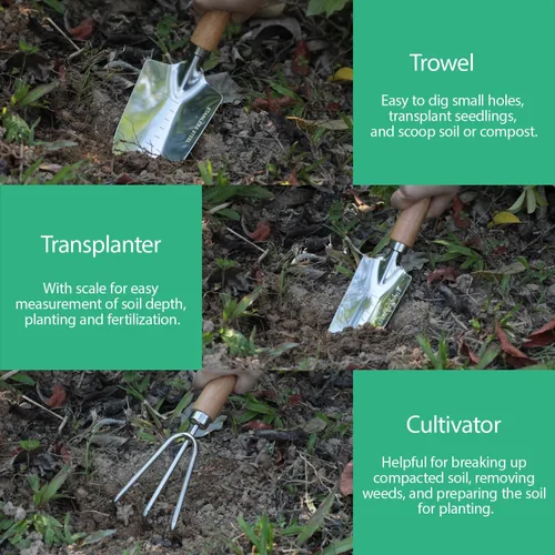 Miniatura 3 de LeMotech Juego de herramientas de jardín, kit de 3 piezas de acero inoxidable resistente que incluye pala, transplantadora, cultivador, herramientas