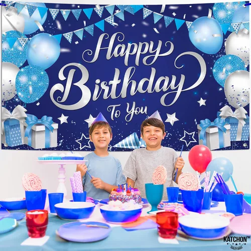 Miniatura 6 de KatchOn, Cartel de feliz cumpleaños plateado y azul, extragrande, 72 x 44 pulgadas, pancarta de fondo para decoraciones de feliz cumpleaños