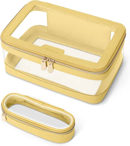 Miniatura 13 de Soimeat Bolsa de maquillaje transparente de viaje con bolsa para brochas de maquillaje, estuche de maquillaje de cuero, bolsa de cosméticos Blanco