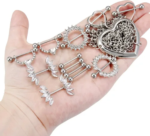 Miniatura 6 de Vqoxaggi - Piercing para pezón de acero quirúrgico de 14 G para mujer, con gargantilla, collar de corazón, pezón, barra de piercing para pezón