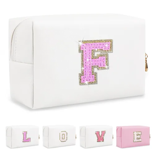 Miniatura 373 de Pequeña bolsa de maquillaje personalizada con inicial A-Z Preppy Patch, bolsa de cosméticos de viaje de felpilla blanca con cremallera, bonita bolsa