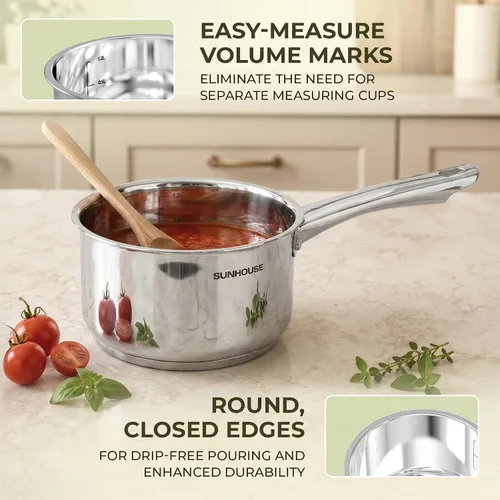 Miniatura 8 de Sunhouse Cacerola de acero inoxidable de 1.5 cuartos de galón con tapa, olla pequeña para cocinar, sin PFOA, base de inducción avanzada de unión
