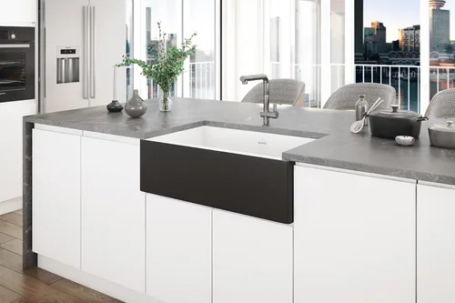 Miniatura 4 de Ruvati RVL4018RBW - Fregadero de cocina de drenaje compensado de arcilla refractaria de 30 pulgadas en blanco y negro
