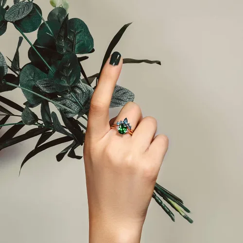 Miniatura 2 de JIANGYUE Anillos apilables de circonita cúbica verde esmeralda para mujer, oro rosa, blanco, corona, juego de anillos de boda, joyería para el día