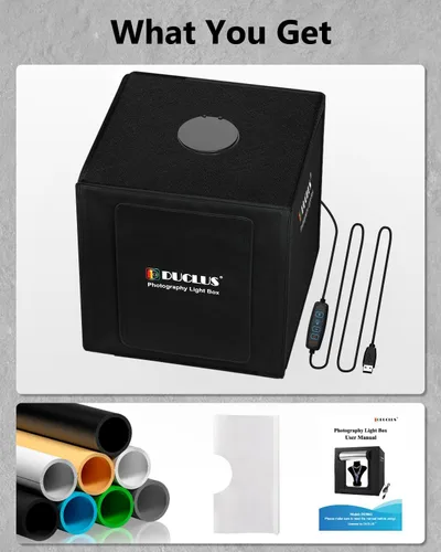 Miniatura 7 de DUCLUS Caja de Luz para Fotografía, Caja de Estudio Fotográfico Portátil de 16x16 Pulgadas con 160 Luces LED Ajustables, 6 Fondos de PVC y 2