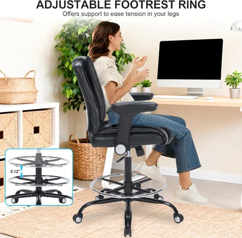Miniatura 8 de Silla de dibujo de oficina, silla de escritorio alta con reposabrazos ajustables y reposapiés, silla de escritorio de piel sintética con cojín
