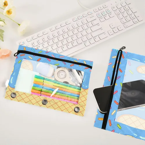 Miniatura 5 de Estuche para lápices de helado azul para 3 bolsillos para carpetas de anillos, bolsa transparente para lápices con cremallera suave, estuche rojo