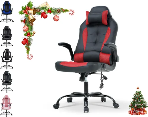 Silla ergonómica para videojuegos, silla de escritorio de oficina con respaldo alto para computadora, con soporte lumbar, ajustable, giratoria, Rojo