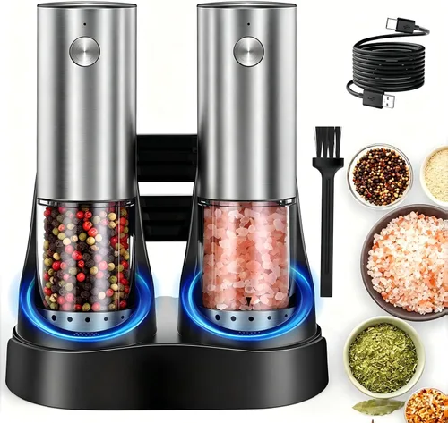Miniatura 11 de Juego de molinillo eléctrico de sal y pimienta de 2 piezas, molinillo de pimienta automático, USB recargable, grosor ajustable, operación con una