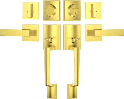 Miniatura 21 de TICONN Juego de manijas para puerta doble delantera, palanca de puerta cuadrada resistente y cerrojo de cilindro único combinado para puertas Bronce
