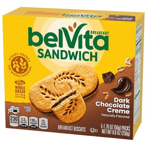 Miniatura 5 de belVita Sándwiches de galletas de barra de desayuno, crema de chocolate negro, 30 paquetes en total, 6 cajas (2 galletas por paquete)