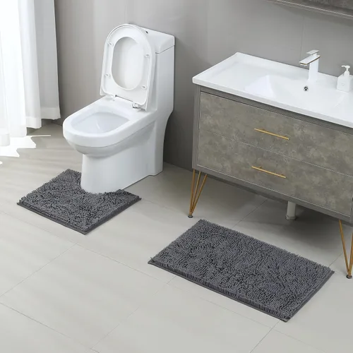 Miniatura 11 de LanYunUmi Juego de 2 alfombras de baño de felpilla chenille antideslizante color gris oscuro, tapete de baño extra suave y absorbente para ducha
