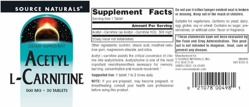 Miniatura 4 de Source Naturals Acetil L-carnitina, 500 mg, 30 tabletas