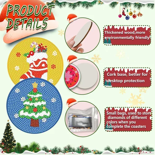 Miniatura 5 de FOWSEEK 8 Piezas Posavasos de Arte de Pintura de Diamantes de Navidad, Kit de Posavasos de Arte de Diamante DIY con Soporte para Adultos