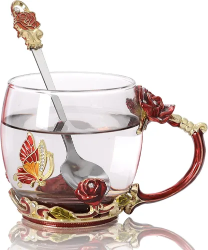 Taza de té de flores de vidrio con cuchara, regalos del día de San Valentín para esposa y madre, regalos personalizados para regalo del día de la