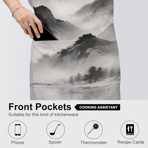 Miniatura 5 de MUSM Apron for Adults - 27.6 X 31.5 Inch, Heavy-Duty Polyester Aprons with Two Large Pockets, Waterproof Ink Painting Landscape Kitchen Apron for