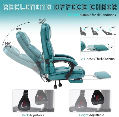 Miniatura 5 de Silla de oficina de masaje con reposapiés, 6 puntos de vibración y calor, sillas de escritorio de oficina en casa para personas pesadas de 400 Azul