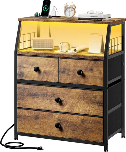 Miniatura 12 de EnHomee Mesita de noche negra de 21.8 pulgadas de ancho con estación de carga y luces LED, mesita de noche con 4 cajones de tela, mesa de noche