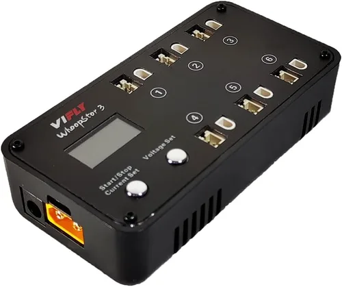 VIFLY WhoopStor V3 6 Puertos 1S LiPo Cargador de almacenamiento de batería y descargador con pantalla LCD Pequeño cargador Whoop con conectores