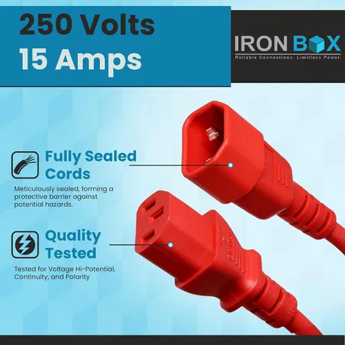 Miniatura 3 de IronBox Electric - Cable de Alimentación C14 a C13 de Servicio Pesado, 15A, 250V, Cable de Extensión para Computadora 14/3 AWG - Cables