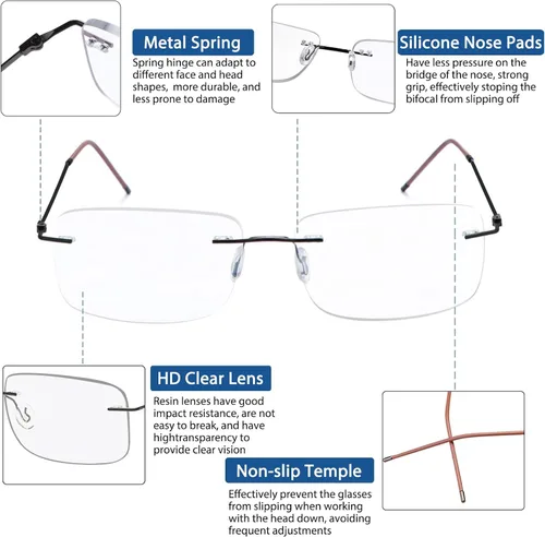 Miniatura 5 de Gafas de lectura fotocrómicas bifocales sin montura para hombres lectores de computadora Gafas de sol de transición de luz anti-azul con lectores