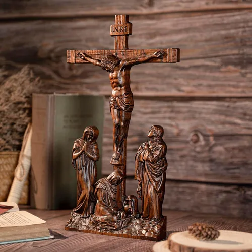 Miniatura 6 de BGCOPPER Crucifijo de Pared de Pie, Cruz de Jesús INRI para Pared, Cruz de Madera Hecha a Mano Decoración de Pared para el Hogar Regalo de Navidad