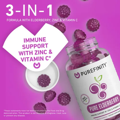 Miniatura 2 de PUREFINITY Gomitas de saúco con sambucus, vitamina C y zinc, tu suplemento diario perfecto 3 en 1 para niños y adultos, sin gluten, sin OMG