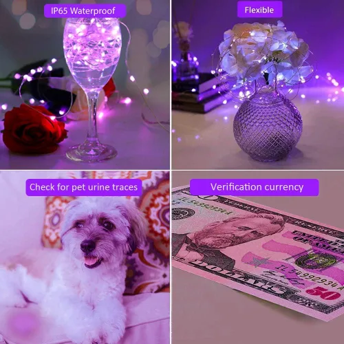 Miniatura 3 de Luces LED negras UV a pilas, paquete de 4 luces LED de 6.56 pies, 20 luces LED UV con cuentas flexibles de luz negra, luces de hadas moradas