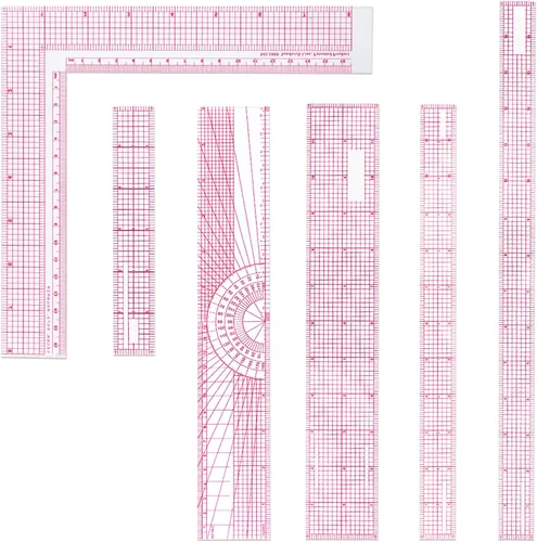 Juego de 6 reglas transparentes de costura transparente, plástico, biselado, pulgadas francesas, métricas y cuadradas en L, juego de herramientas de