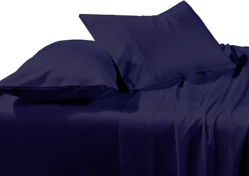 LaxLinen Juego de sábanas de 4 piezas (+ 26 pulgadas), bolsillo extra profundo, tamaño King / estándar, color azul marino sólido de 600 hilos, 100%