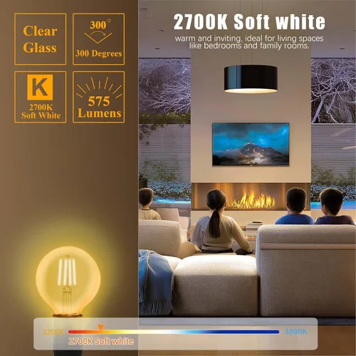 Miniatura 3 de MASTERY MART Bombillas globo G25, regulables, base E26, equivalente a 60 W, blanco suave de 2700 K, filamento vintage para espejo de baño, LED