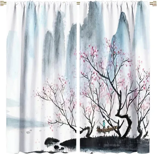 Miniatura 15 de Cortina japonesa con diseño de cerezo en flor, montañas, río, nubes, pinos, paisaje, naturaleza, asiático, anime, oscurecimiento de habitación
