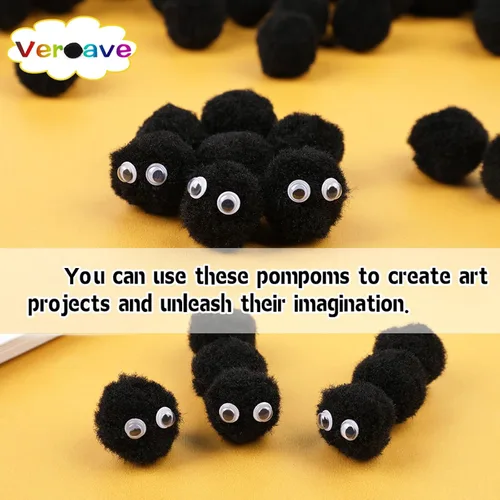 Miniatura 6 de Veroave Pompones negros, 150 pompones de 1 pulgada para manualidades, bolas de soplo, manualidades y manualidades para decoración de manualidades