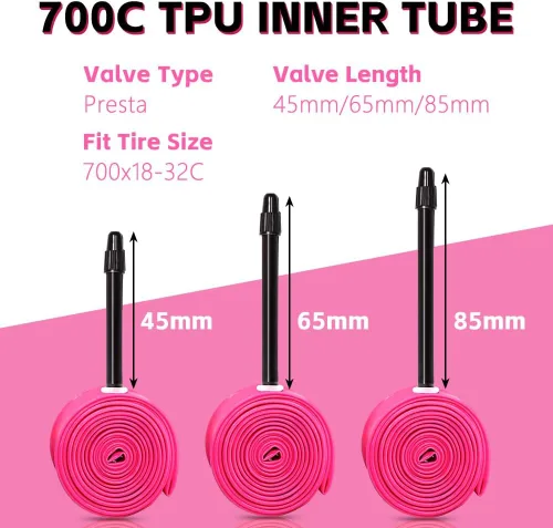 Miniatura 8 de Paquete de 4 tubos interiores ultraligeros de TPU para bicicleta, 700X18C/23C/25C/28C/30C/32C, válvula Presta de 45/65/3.346 in, color rosa