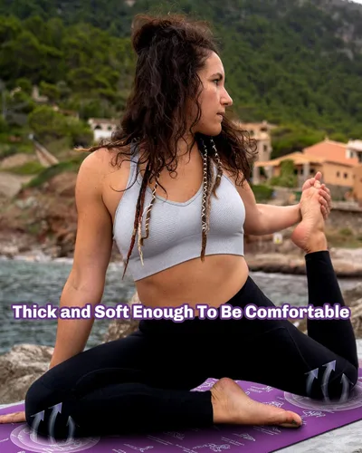 Miniatura 5 de Instructional Travel Yoga Mat with 75 Asanas Poses & Exercises - Exercise Mat for Home Workout, Includes Carrying Bag, 68"x24"x0.25" Violeta/Azul
