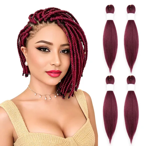 Pelo trenzado borgoña de 10 pulgadas, cabello preestirado corto, lacio, trenzas de ganchillo con textura Yaki, fibra sintética, 4 paquetes