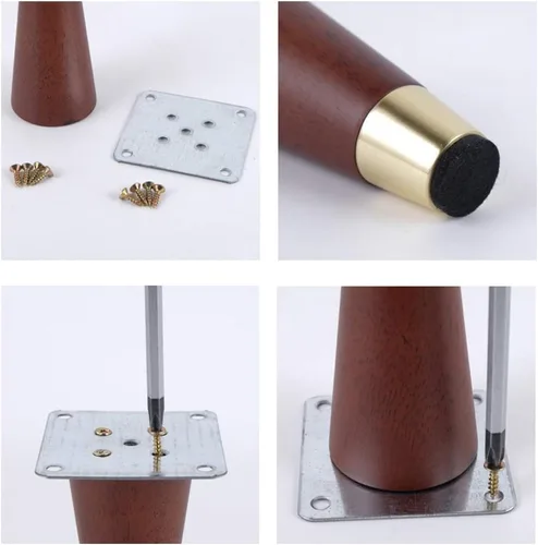 Miniatura 7 de Patas de madera de roble maciza, patas de sofá cónicas, patas de repuesto para mesa de café, patas de armario, funda de cobre, con accesorios